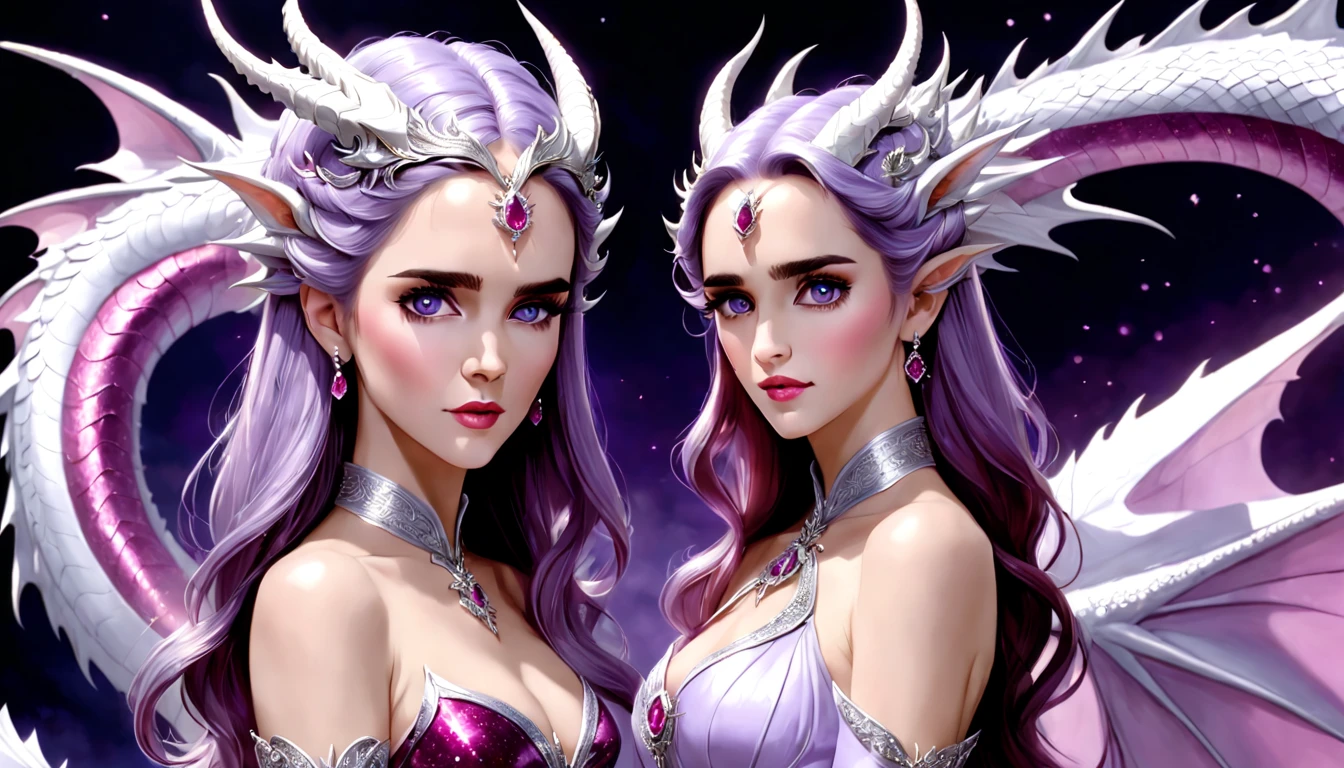 Queen of the White Dragon, mulher madura jovem, "Jennifer Connelly", Orelhas longas de elfos, elegant lilac Ruby dress, mama grande, Curvy, dragon ling vawy hair, Cabelos Super Longos, soft facial features, White dragon horns on his head, Mulher majestosa, silver decoration on her Ruby lilac dress, Rainha Estrela Prateada, Grandes olhos azuis, cherry lips, White dragons, starly sky