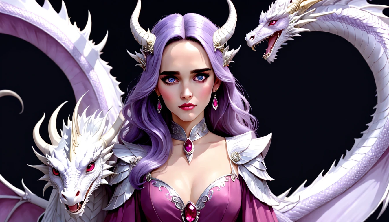 Queen of the White Dragon, mulher madura jovem, "Jennifer Connelly", Orelhas longas de elfos, elegant lilac Ruby dress, mama grande, Curvy, dragon ling vawy hair, Cabelos Super Longos, soft facial features, White dragon horns on his head, Mulher majestosa, silver decoration on her Ruby lilac dress, Rainha Estrela Prateada, Grandes olhos azuis, cherry lips, White dragons, starly sky