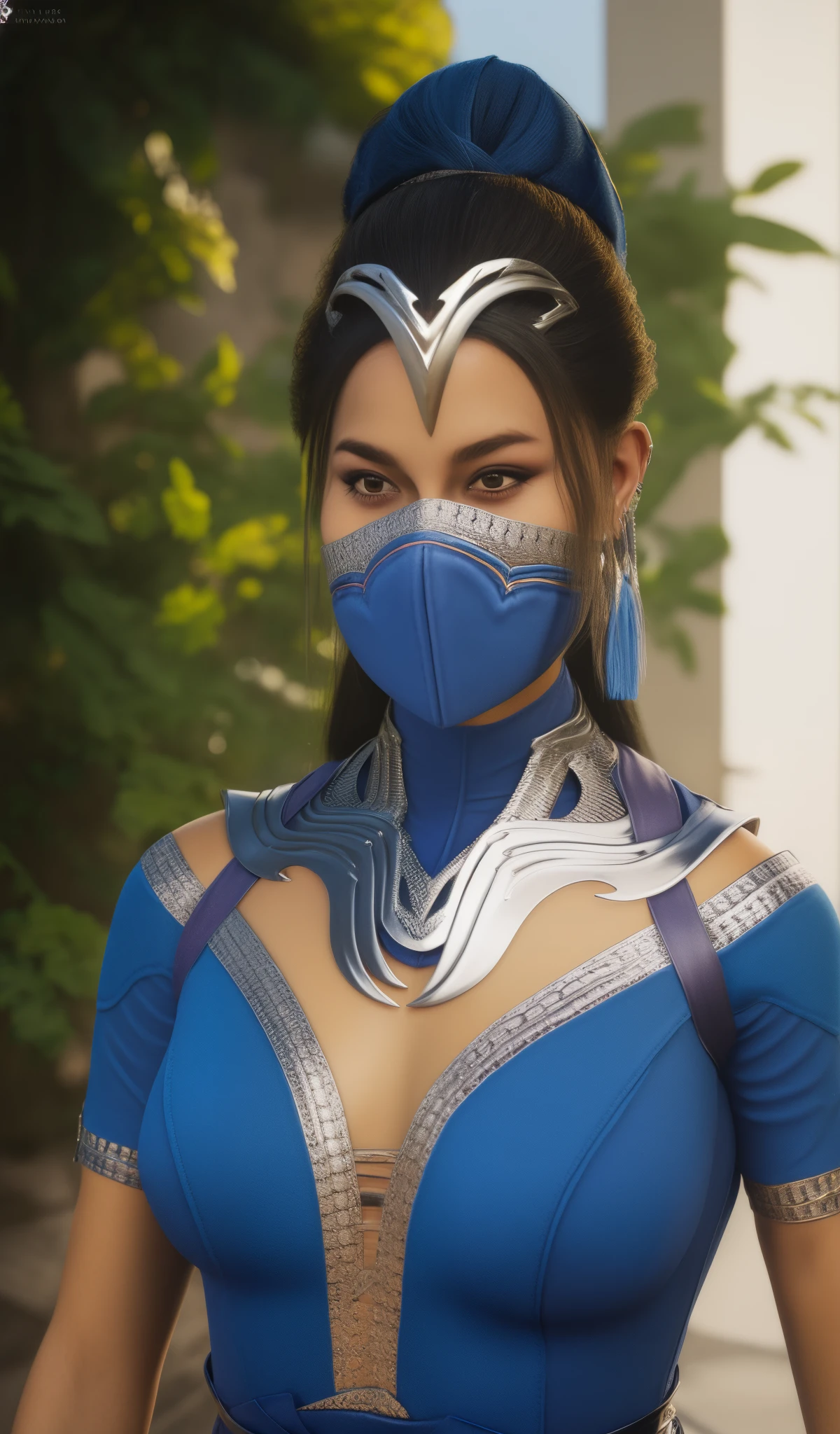 Kitana MK1, cabelos pretos, olhos castanhos,  jewelries, vestido azul, clivagem,  mouth mask, 
Olhando para o Viewer, Jardim Real. morning,
 Standing,parte superior do corpo, sorriso tonificado, (insanamente detalhado, Rosto bonito e detalhado, master part, best quality),