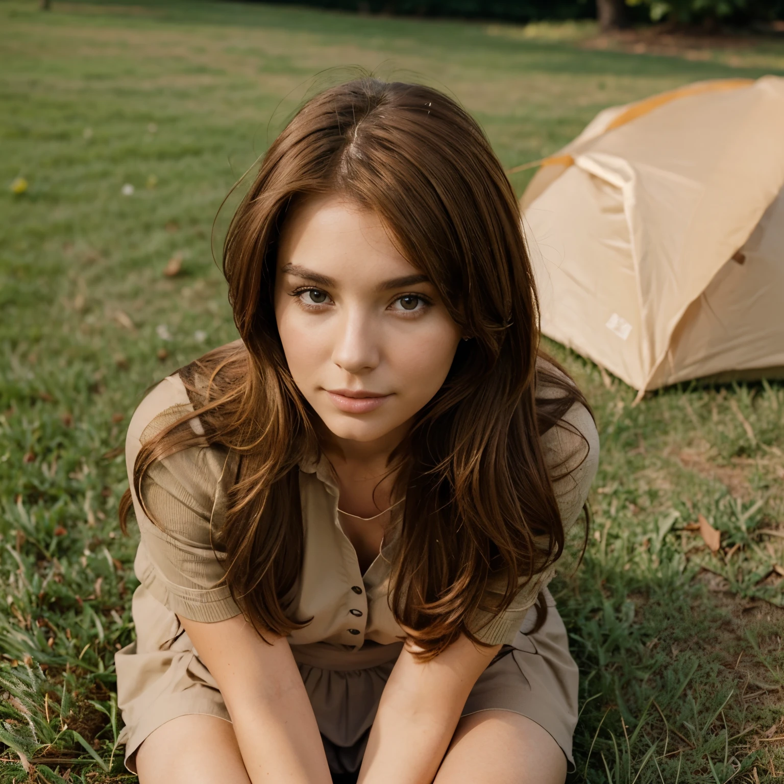 a very beautiful woman,27 years old,light brown hairs,sitting on the grass