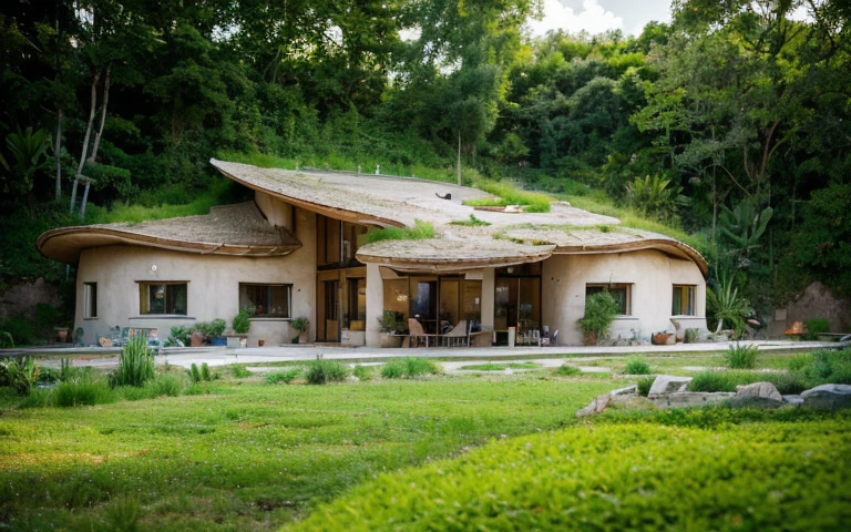 A photograph of a symmetrical contemporary house with (((one hyperbolic paraboloid green roof))) and (((biological pool))) and (((base wall rock foundation))) in a tropical backyard, high roof and long eaves, mustard yellow terracota plaster walls (((rustic clay stucco))), ((corner walls rounded)), ((rustic clay plaster)), (((terracotta walls with rounded corners, organic curves))), (((rustic earth plaster, mud))), (((hyperbolic-shaped green roof with wooden edge))), (((wooden roof structure, wooden rake, wooden fascia board))), eaves, ((roof with wooden structure)), In Bahia (((tropical garden))), ((natural houses, organic buildings, organic architecture)), ecovillage, sustainable architecture, bioconstruction architecture, solarpunk architecture, (((grass roof, green roof, green wave roof, rounded roof, vegetated roofs))), (((rock base foundation wall, foundation height 30cm, stone base wall 30cm high))), ((green architecture)), passive house, clear sky in the background, painful beauty, modern, imposing, green house, ((Bali hobbit Hadid Style)), super resolution, cinematic, color grading, editorial photography, photography, photo shoot, (((dramatic front eye top angle view))), O 50mm, depth of field, intricate details, natural colors, sharp focus, warm light, shutter speed 1/1000, F/22, White Balance, Ray Trace Reflections, Lumen Reflections, Screen Space Reflections, Diffraction Rating, Chromatic Aberration, GB Shift, Partial Lighting, Backlighting, Daylighting, Scan Lines, ambient occlusion, antialiasing, shaders, OpenGL-Shaders, GLSL-Shaders, Post-processing, post-production, shading, tone mapping, incredibly detailed and complex, hypermaximalist, elegant, hyperrealistic, super detailed, dynamic pose, Fujifilm XT