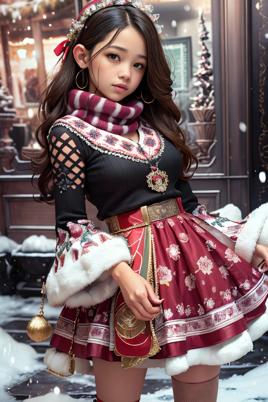 ((Jenna Ortega)), (masterpiece), (piece of art), (award winning picture),  in a colorful christmas skirt holding a christmas cake, wearing a winter christmas skirt, wearing skirt, with colored snow crystals, dressed in a snow crystal, wearing a wonderful skirt, colorful winter skirt,  an intricate christmas skirt, detailed skirt, sexy dress, opened skirt