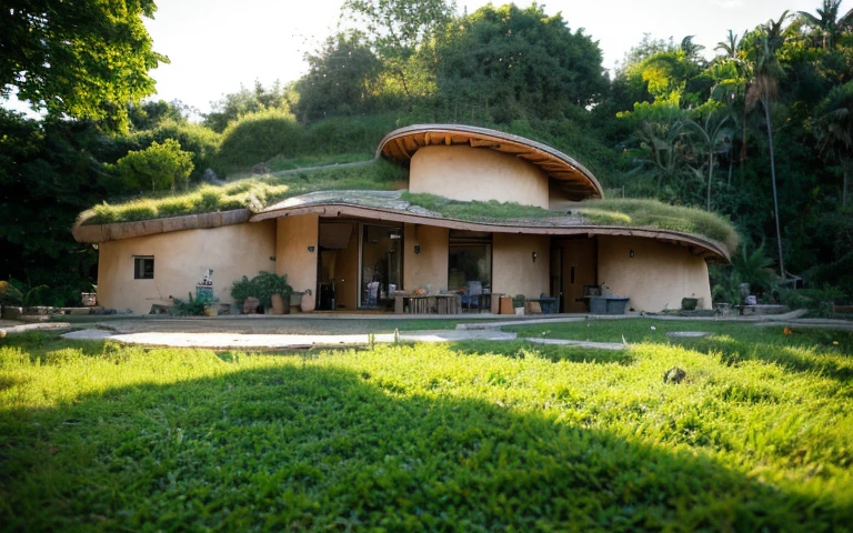 A photograph of a symmetrical contemporary house with (((one hyperbolic paraboloid green roof))) and (((biological pool))) and (((base wall rock foundation))) in a tropical backyard, high roof and long eaves, mustard yellow terracota plaster walls (((rustic clay stucco))), ((corner walls rounded)), ((rustic clay plaster)), (((terracotta walls with rounded corners, organic curves))), (((rustic earth plaster, mud))), (((hyperbolic-shaped green roof with wooden edge))), (((wooden roof structure, wooden rake, wooden fascia board))), eaves, ((roof with wooden structure)), In Bahia (((tropical garden))), ((natural houses, organic buildings, organic architecture)), ecovillage, sustainable architecture, bioconstruction architecture, solarpunk architecture, (((grass roof, green roof, green wave roof, rounded roof, vegetated roofs))), (((rock base foundation wall, foundation height 30cm, stone base wall 30cm high))), ((green architecture)), passive house, clear sky in the background, painful beauty, modern, imposing, green house, ((Bali hobbit Hadid Style)), super resolution, cinematic, color grading, editorial photography, photography, photo shoot, (((dramatic front eye top angle view))), O 50mm, depth of field, intricate details, natural colors, sharp focus, warm light, shutter speed 1/1000, F/22, White Balance, Ray Trace Reflections, Lumen Reflections, Screen Space Reflections, Diffraction Rating, Chromatic Aberration, GB Shift, Partial Lighting, Backlighting, Daylighting, Scan Lines, ambient occlusion, antialiasing, shaders, OpenGL-Shaders, GLSL-Shaders, Post-processing, post-production, shading, tone mapping, incredibly detailed and complex, hypermaximalist, elegant, hyperrealistic, super detailed, dynamic pose, Fujifilm XT