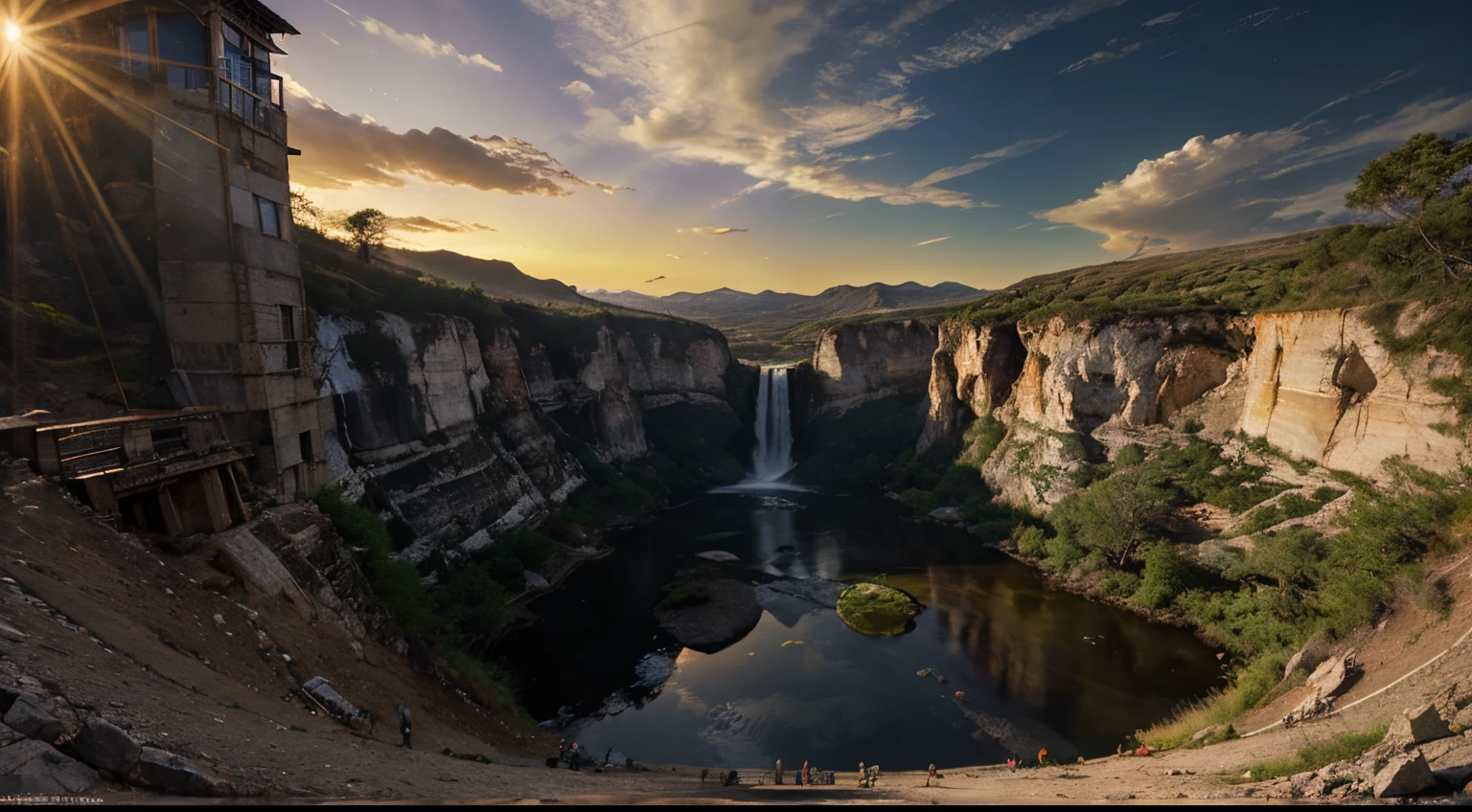 alien landscape, imagination, (realista), clear sky, compositing, sun sunset, (HDR:1.5), lake, waterfall, canyon