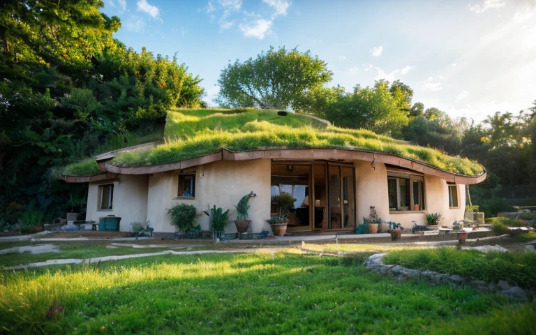 A photograph of a symmetrical contemporary house with (((one hyperbolic paraboloid green roof))) and (((biological pool))) and (((base wall rock foundation))) in a tropical backyard, high roof and long eaves, mustard yellow terracota plaster walls (((rustic clay stucco))), ((corner walls rounded)), ((rustic clay plaster)), (((terracotta walls with rounded corners, organic curves))), (((rustic earth plaster, mud))), (((hyperbolic-shaped green roof with wooden edge))), (((wooden roof structure, wooden rake, wooden fascia board))), eaves, ((roof with wooden structure)), In Bahia (((tropical garden))), ((natural houses, organic buildings, organic architecture)), ecovillage, sustainable architecture, bioconstruction architecture, solarpunk architecture, (((grass roof, green roof, green wave roof, rounded roof, vegetated roofs))), (((rock base foundation wall, foundation height 30cm, stone base wall 30cm high))), ((green architecture)), passive house, clear sky in the background, painful beauty, modern, imposing, green house, ((Bali hobbit Hadid Style)), super resolution, cinematic, color grading, editorial photography, photography, photo shoot, (((dramatic front eye top angle view))), O 50mm, depth of field, intricate details, natural colors, sharp focus, warm light, shutter speed 1/1000, F/22, White Balance, Ray Trace Reflections, Lumen Reflections, Screen Space Reflections, Diffraction Rating, Chromatic Aberration, GB Shift, Partial Lighting, Backlighting, Daylighting, Scan Lines, ambient occlusion, antialiasing, shaders, OpenGL-Shaders, GLSL-Shaders, Post-processing, post-production, shading, tone mapping, incredibly detailed and complex, hypermaximalist, elegant, hyperrealistic, super detailed, dynamic pose, Fujifilm XT