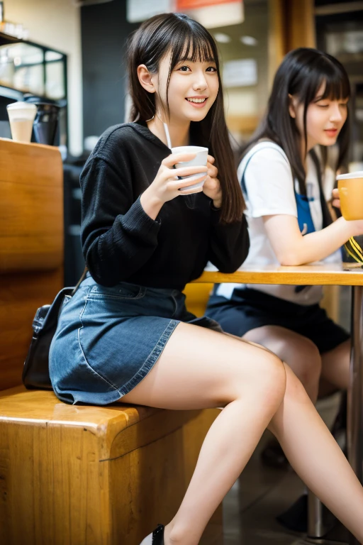 Japanese university students chatting happily while drinking coffee at a cafe.、Sitting in Soferi&#39;s short skirt、I can see my feet from under the desk、cafes、Looking into the distance、ami、portrait shooting、Very detailed face、Face like an idol、one leg raised、The skirt is very short and you can clearly see the pants.、slit、Thigh、Legs wide open、Looking into the distance、Model body type、Opening legs