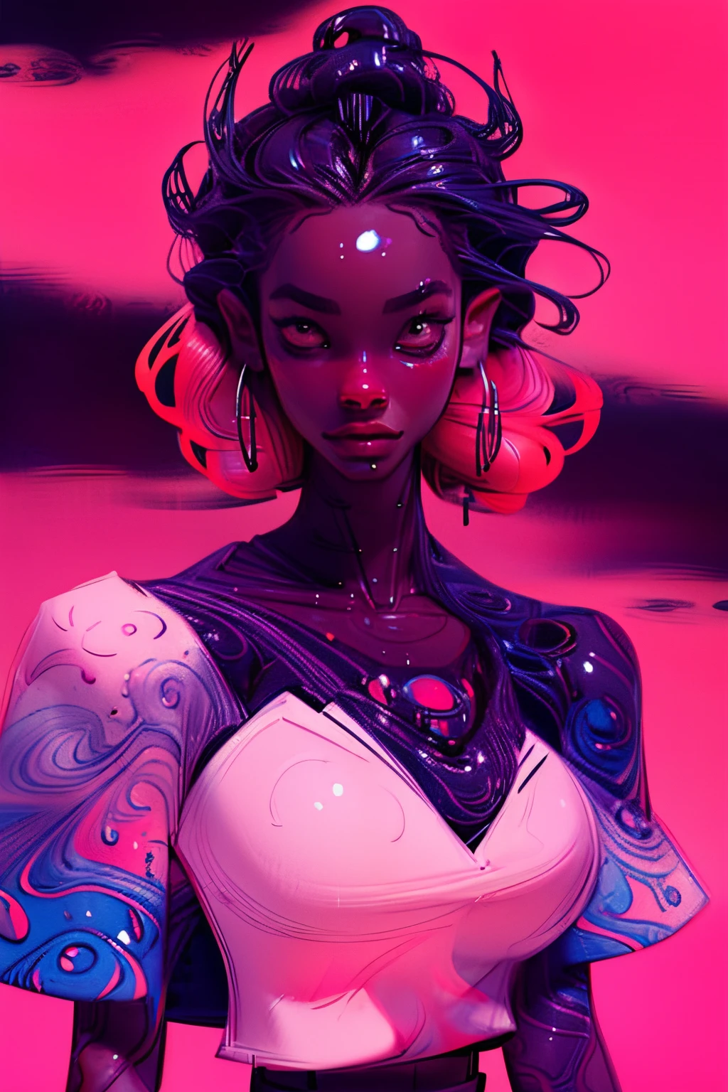 Woman, dark_skin, comic_work_of_Hokusai, psychedelic, abstract, dark_skin, vivid colours