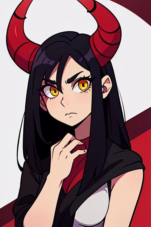 A Demonic Woman with Red Horns, Jet Black Hair, and Yellow Eyes