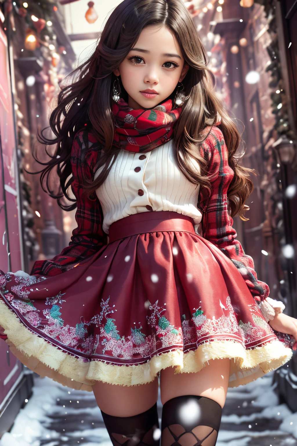 ((Jenna Ortega)), (masterpiece), (piece of art), (award winning picture),  in a colorful christmas skirt holding a christmas cake, wearing a winter christmas skirt, wearing skirt, with colored snow crystals, dressed in a snow crystal, wearing a wonderful skirt, colorful winter skirt,  an intricate christmas skirt, detailed skirt, sexy dress, opened skirt