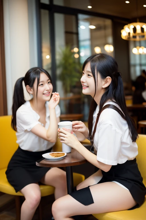 Japanese university students chatting happily while drinking coffee at a cafe.、sitting on sofa&#39;a short skirt、I can see my feet from under the desk、cafes、Looking into the distance、ami、portrait shooting、Very detailed face、Face like an idol、One leg raised、The skirt is short and you can clearly see the pants.、slit、Thigh、Legs wide open、Looking into the distance、Model body type、Opening legs