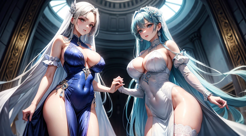 Two young beauties talking, Dress closely，but expose breasts and，Super big breasts，Super nice looking，One of them was wearing a silver palace dress、silber hair、oval face woman，Outstanding temperament，big chest and thin waist，Another blue hair，slim，Wearing a light blue white dress.，Especially the breasts and breasts are very big，don&#39;t hide it at all，The transparency  not obvious