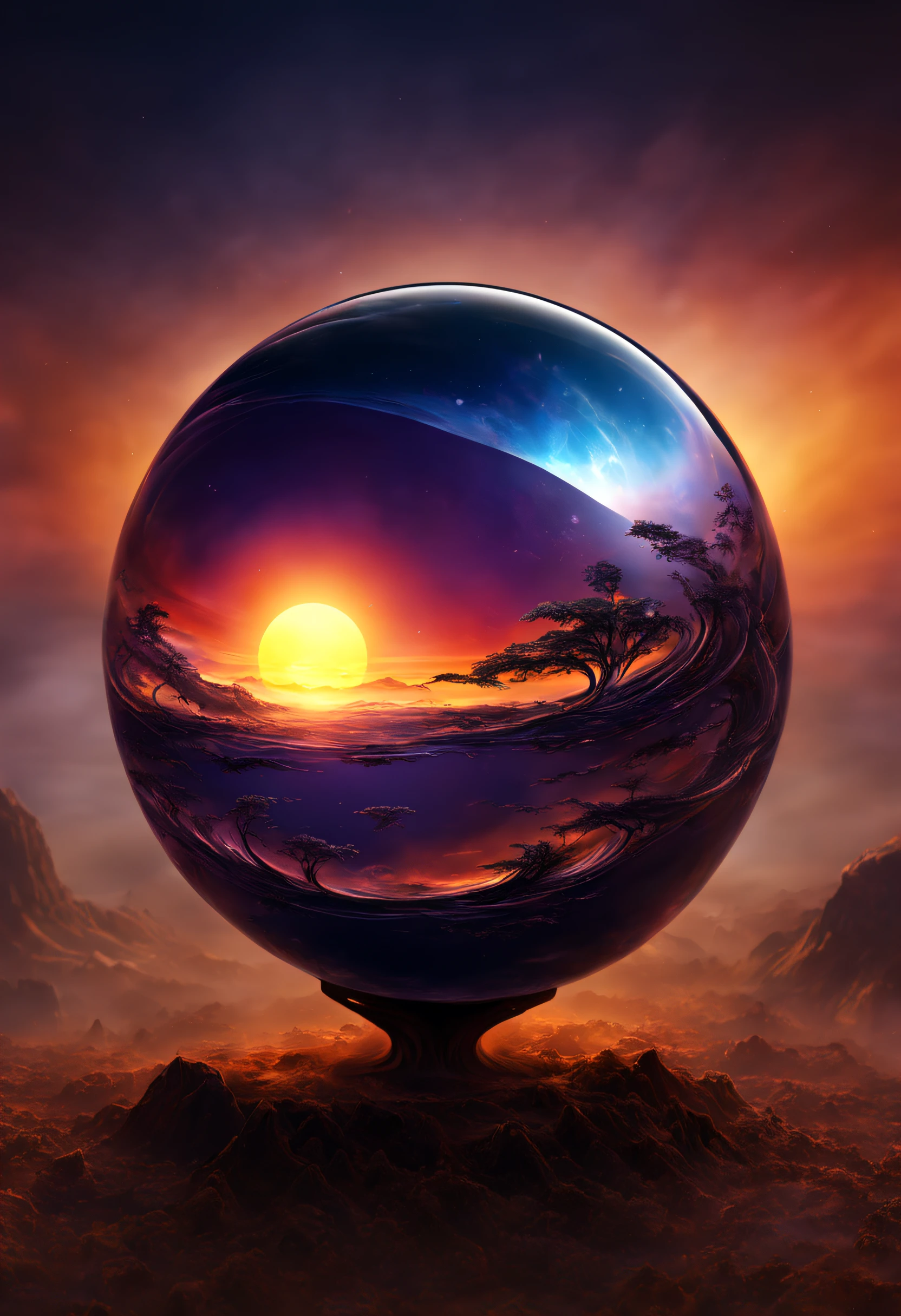 a magnificent sunset on a strange and mysterious alien glass sphere style planete. It's very textured and detailed with dreaming lot of whirlwind and dreaming dust