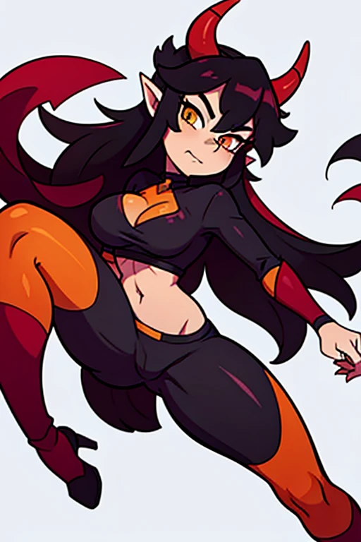 loli, (orange skin:1.2), oni, small horns, (black one-piece:1.4), Berserker, smug smile, midget, cave background, flat chest, abs, long messy black hair, black hair, bare legs, thick eyebrows, orange tone, onepiece oufit