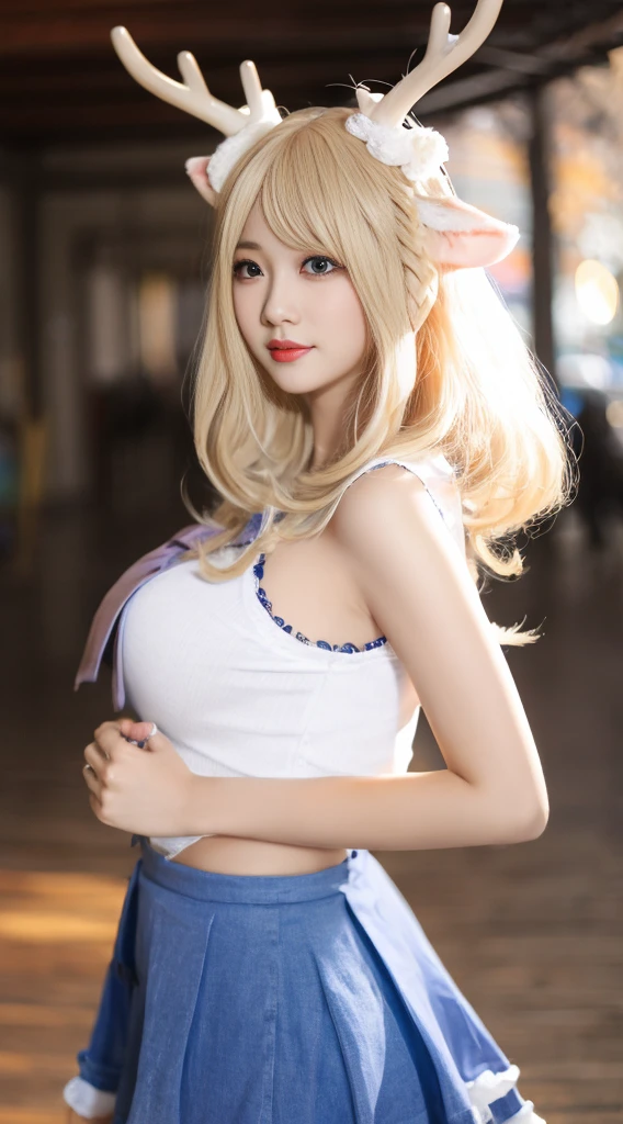 ((VerydetailedCG)),1个Giant Breast Girl,tmasterpiece,Sophisticated C rendering,(highdetailskin:1),,超高分辨率,eyes with brightness,perfect bodies,female bodies,exquisitefacialfeatures,mitts, whitz, a skirt, Wigwell, Alone,  blond hairbl_the hair,deer antlers
>