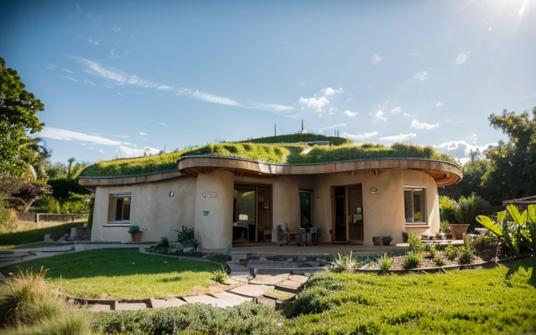 A photograph of a symmetrical contemporary house with (((one hyperbolic paraboloid green roof))) and (((biological pool))) and (((base wall rock foundation))) in a tropical backyard, high roof and long eaves, mustard yellow terracota plaster walls (((rustic clay stucco))), ((corner walls rounded)), ((rustic clay plaster)), (((terracotta walls with rounded corners, organic curves))), (((rustic earth plaster, mud))), (((hyperbolic-shaped green roof with wooden edge))), (((wooden roof structure, wooden rake, wooden fascia board))), eaves, ((roof with wooden structure)), In Bahia (((tropical garden))), ((natural houses, organic buildings, organic architecture)), ecovillage, sustainable architecture, bioconstruction architecture, solarpunk architecture, (((grass roof, green roof, green wave roof, rounded roof, vegetated roofs))), (((rock base foundation wall, foundation height 30cm, stone base wall 30cm high))), ((green architecture)), passive house, clear sky in the background, painful beauty, modern, imposing, green house, ((Bali hobbit Hadid Style)), super resolution, cinematic, color grading, editorial photography, photography, photo shoot, (((dramatic front eye top angle view))), O 50mm, depth of field, intricate details, natural colors, sharp focus, warm light, shutter speed 1/1000, F/22, White Balance, Ray Trace Reflections, Lumen Reflections, Screen Space Reflections, Diffraction Rating, Chromatic Aberration, GB Shift, Partial Lighting, Backlighting, Daylighting, Scan Lines, ambient occlusion, antialiasing, shaders, OpenGL-Shaders, GLSL-Shaders, Post-processing, post-production, shading, tone mapping, incredibly detailed and complex, hypermaximalist, elegant, hyperrealistic, super detailed, dynamic pose, Fujifilm XT