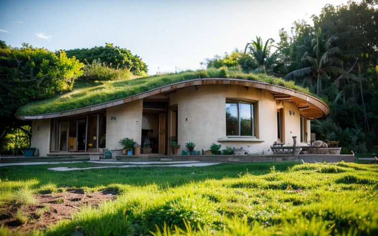 A photograph of a symmetrical contemporary house with (((one hyperbolic paraboloid green roof))) and (((biological pool))) and (((base wall rock foundation))) in a tropical backyard, high roof and long eaves, mustard yellow terracota plaster walls (((rustic clay stucco))), ((corner walls rounded)), ((rustic clay plaster)), (((terracotta walls with rounded corners, organic curves))), (((rustic earth plaster, mud))), (((hyperbolic-shaped green roof with wooden edge))), (((wooden roof structure, wooden rake, wooden fascia board))), eaves, ((roof with wooden structure)), In Bahia (((tropical garden))), ((natural houses, organic buildings, organic architecture)), ecovillage, sustainable architecture, bioconstruction architecture, solarpunk architecture, (((grass roof, green roof, green wave roof, rounded roof, vegetated roofs))), (((rock base foundation wall, foundation height 30cm, stone base wall 30cm high))), ((green architecture)), passive house, clear sky in the background, painful beauty, modern, imposing, green house, ((Bali hobbit Hadid Style)), super resolution, cinematic, color grading, editorial photography, photography, photo shoot, (((dramatic front eye top angle view))), O 50mm, depth of field, intricate details, natural colors, sharp focus, warm light, shutter speed 1/1000, F/22, White Balance, Ray Trace Reflections, Lumen Reflections, Screen Space Reflections, Diffraction Rating, Chromatic Aberration, GB Shift, Partial Lighting, Backlighting, Daylighting, Scan Lines, ambient occlusion, antialiasing, shaders, OpenGL-Shaders, GLSL-Shaders, Post-processing, post-production, shading, tone mapping, incredibly detailed and complex, hypermaximalist, elegant, hyperrealistic, super detailed, dynamic pose, Fujifilm XT