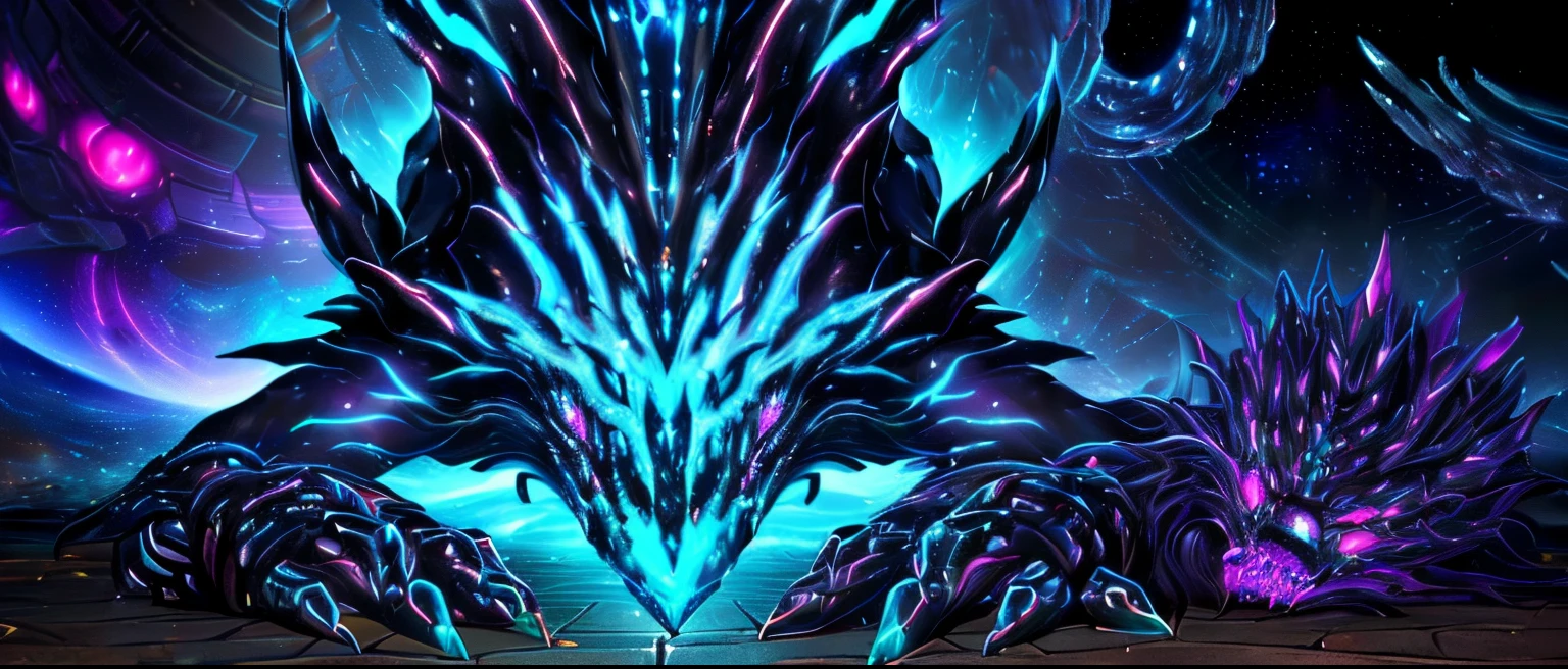 there is a very strange looking creature with glowing eyes,( laying on the ground of a xeno planet:1.4), sci-fi style, gaping maw, detailed hot maw, hyperbeast, maw art, changelingcore, lovecraftian sea creature,