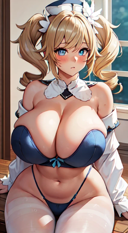 blonde hair, blue eyes, twintails, bangs, long hair, drill hair, twin drills, hat, blush, white headwear, hair ornament，tmasterpiece，The kinky  exposed  ，（Surreal breasttremely full breasts）），（（Super large）），Big breasts Thin waist，（（（Extremely large breasts））），seductiv，High detail，hyper qualit，high resolution，8K，8k smooth，(reality: 1.2)，(Highly realistic, Ultra-realistic, photograph realistic)，(Realism: 1.2)，Solo，(Perfect feminine curveig breasts:2)，(Huge breasts:2)，(gigantic cleavage breasts:2)，(Large breasts:2)，(Bare tits:1.4)，(chiseled abs : 1.1)，Nice strong legs，(Curvy:1.1)，Narrow waist，(gigantic hip:1)，(Thick thighs:1)，(Thick legs:1)