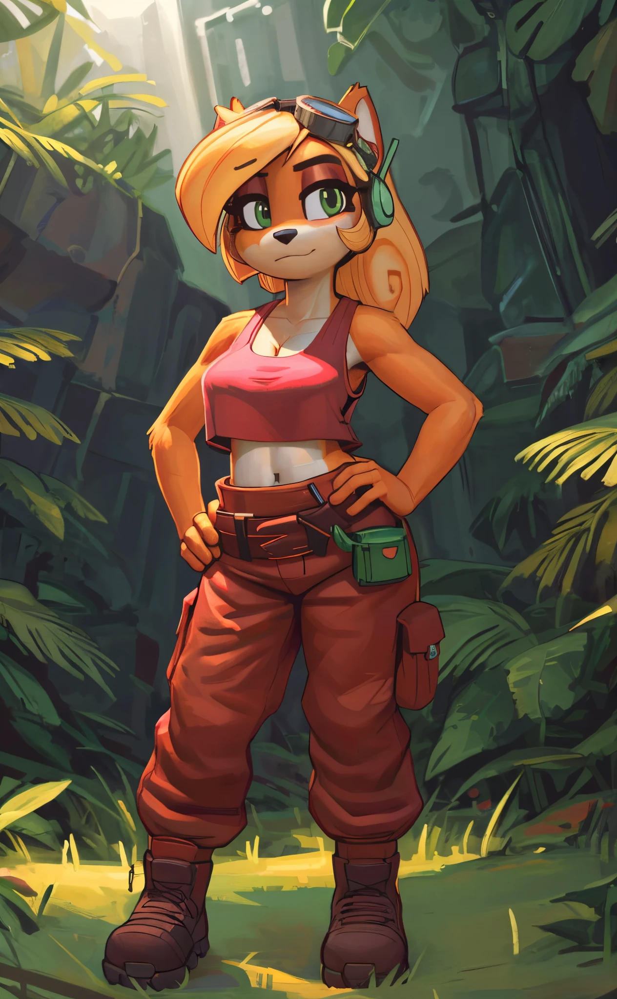 [Coco bandicoot], [curly brace], [Uploaded to e621.net; (Pixelsketcher), (wamudraws)], ((masterpiece)), ((HD)), ((solo portrait)), ((full body)), ((front view)), ((feet visible)), ((furry; anthro)), ((detailed fur)), ((detailed shading)), ((beautiful render art)), ((intricate details)), {anthro; orange fur, black nose, (cute green eyes), (red eyeshadow), blonde curly hair, curly ponytail, (small boobs), (curvy hips), (expressionless)}, {(pink tank top), (cleavage), (midriff), (red cargo pants), (utility belt), (brown combat boots), (goggles on head)}, {(standing), (hand on hip), (looking at viewer)}, [background; (tropical forest), (mountaintop), (grass plains), (blue sky), (sun rays), (ambient lighting)]