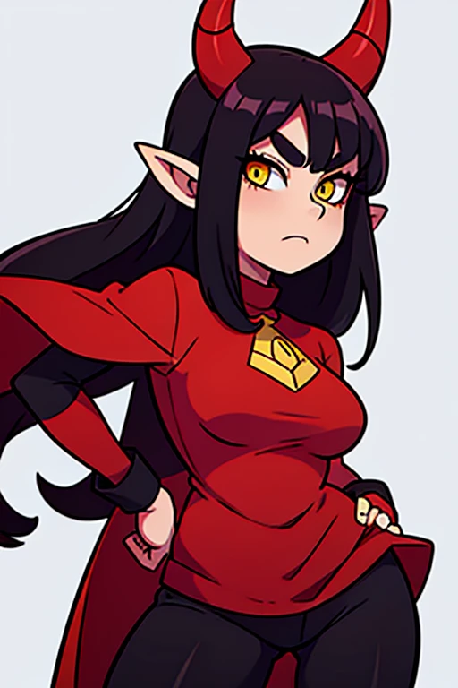 A Tiefling Woman with Red Horns, Jet Black Hair, and Yellow Eyes