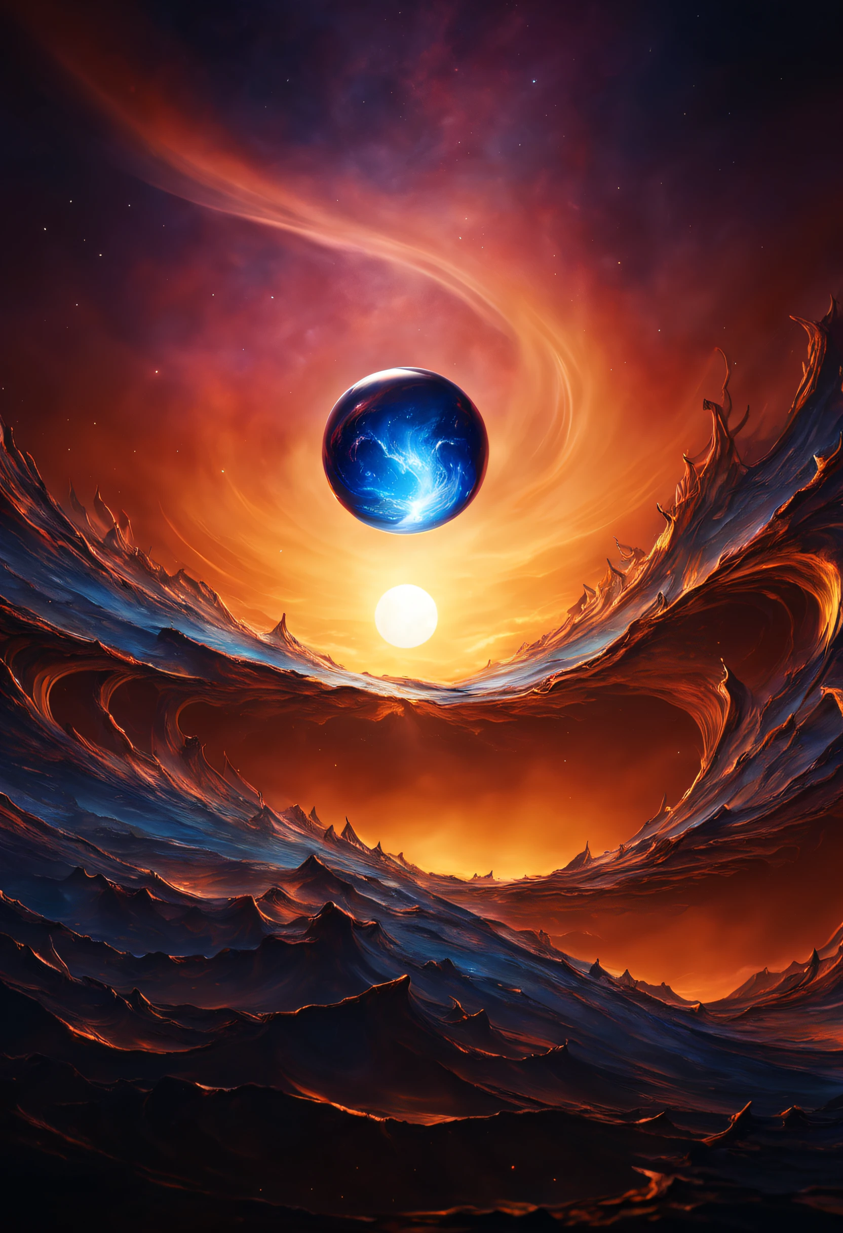 a magnificent sunset on a strange and mysterious alien glass style planete. It's very textured and detailed with dreaming lot of whirlwind and dreaming dust