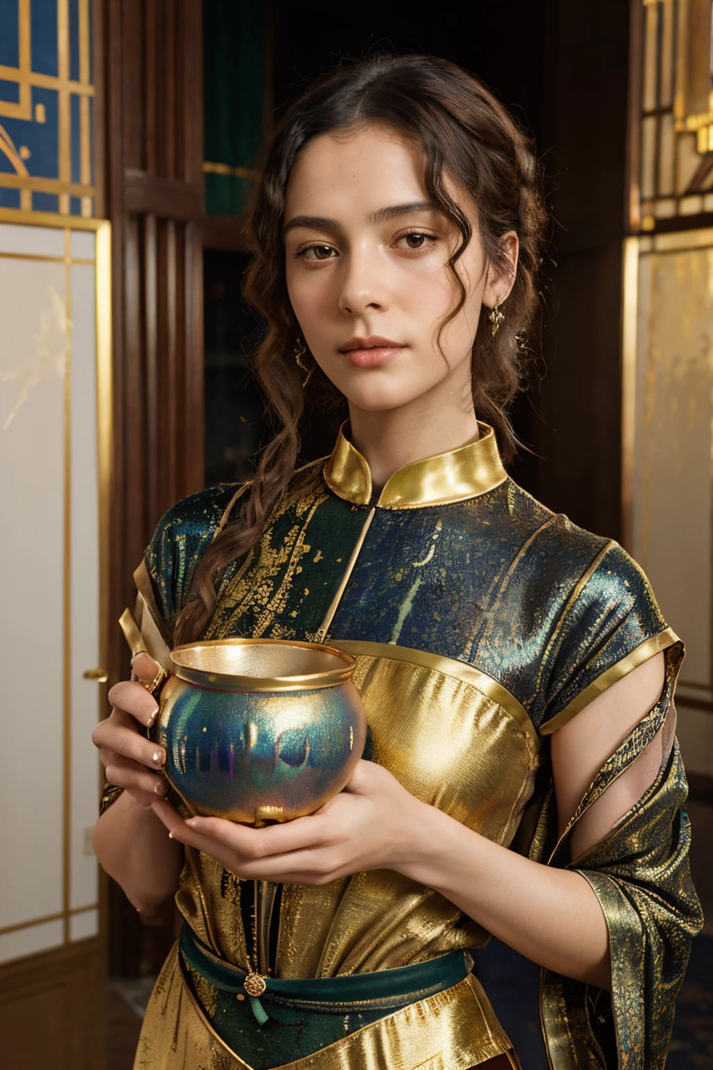 in iridescent silk texture, four ceramic vessels of different colors and at different levels, in watercolor and ink in imperial colors with gold leaf details, Art Deco, Egon Schiele, Milo Manara, Botticelli, Welz- Stein, Klimt, highly detailed, splatter -