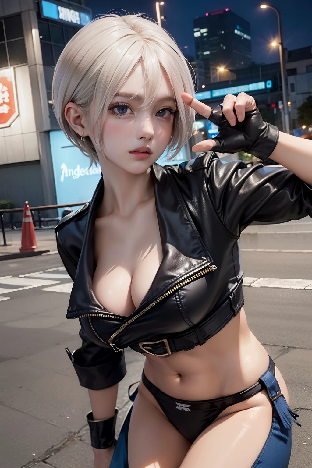 Upper body, 1girl in, (Angelum:1.4), Large breasts, Panties, Midriff, facing side, Looking at Viewer, (cleavage), Cropped jacket、Lower roundhouse kick