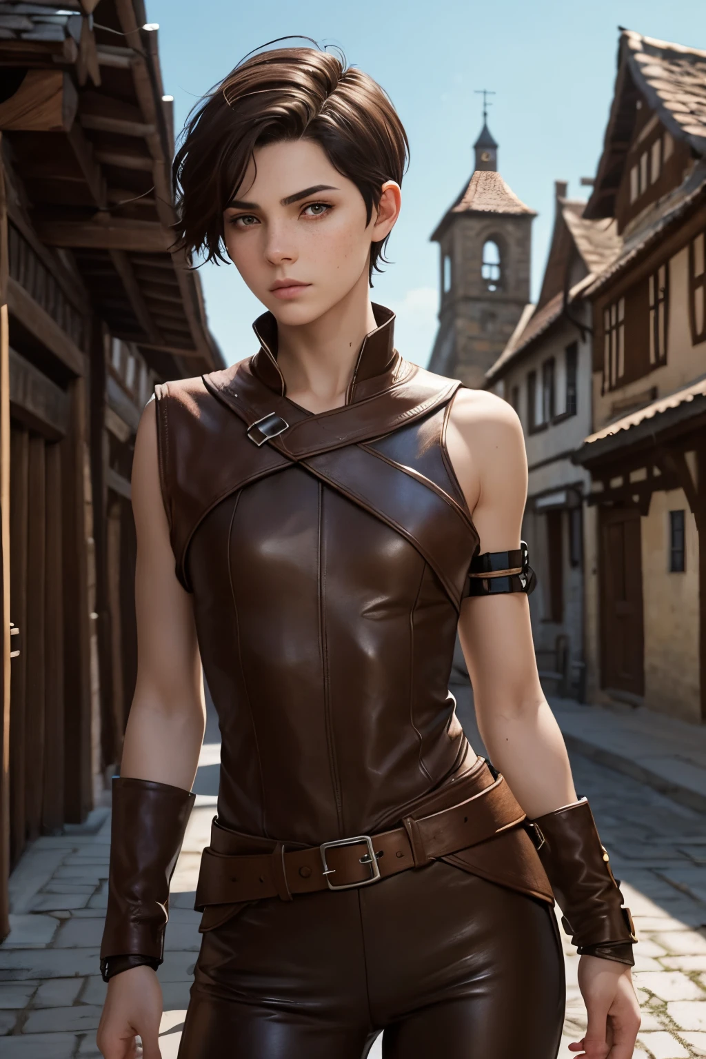 A happy young woman with an undercut in a fantasy setting. An adventurer and ranger. Very androgynous looking. In a good mood. Sympathic. Tomboyish. Androgynous. Slim body. Very . Very small breasts. Wide hips. Thick legs. Face: Extremly pale skin with liverspots and freckles. Soft narrow face with a round chin. Soft small jaw. Big forehead. Very thin barely visible eyebrows. Upturned big dark-brown eyes. Dark-brown eyecolour. Very long and wide nose. Big curved lips. Very short dark-brown hair. A boyish short haircut. Undercut. Sides shaved. A tight fantasy outfit of a lonley ranger and adventuerer. Background: Wide colourful plains. Green grass. A big lake. Shiny blue sky. Wonderful weather. Sense of wideness and freedom.