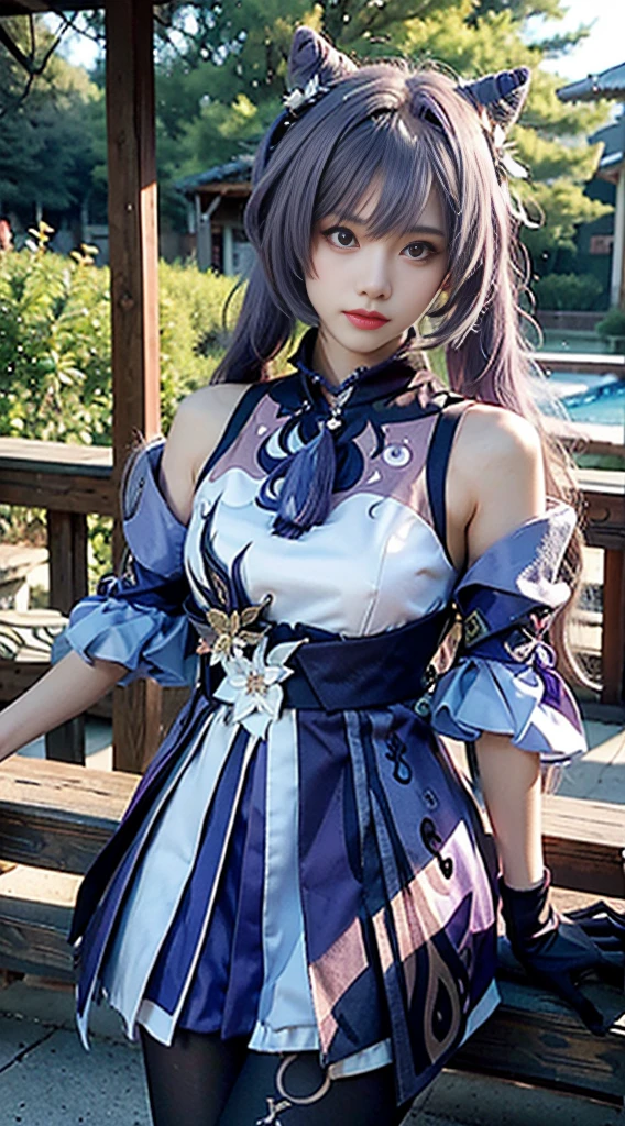 Masterpiece, best quality, detail, depth of field, ultra-realistic, realistic face and eyes, realistic skin texture, cinematic lighting, eyes to see the audience. 1 girl, solo, (frown, closed mouth), keqing_\(genshin_impact\), purple_eyes, purple hair, double tail, sharp eyes, serious face, gloves, black stockings, outdoor, purple lightning, fileg, lightning glowing sword, purple lightning, upper body