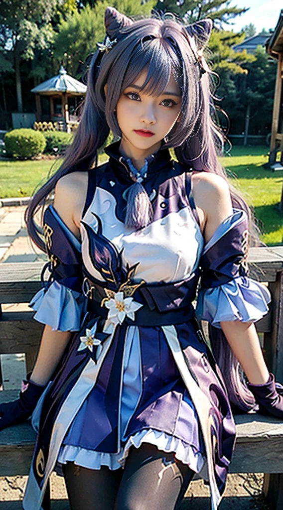 Masterpiece, best quality, detail, depth of field, ultra-realistic, realistic face and eyes, realistic skin texture, cinematic lighting, eyes to see the audience. 1 girl, solo, (frown, closed mouth), keqing_\(genshin_impact\), purple_eyes, purple hair, double tail, sharp eyes, serious face, gloves, black stockings, outdoor, purple lightning, fileg, lightning glowing sword, purple lightning, upper body
