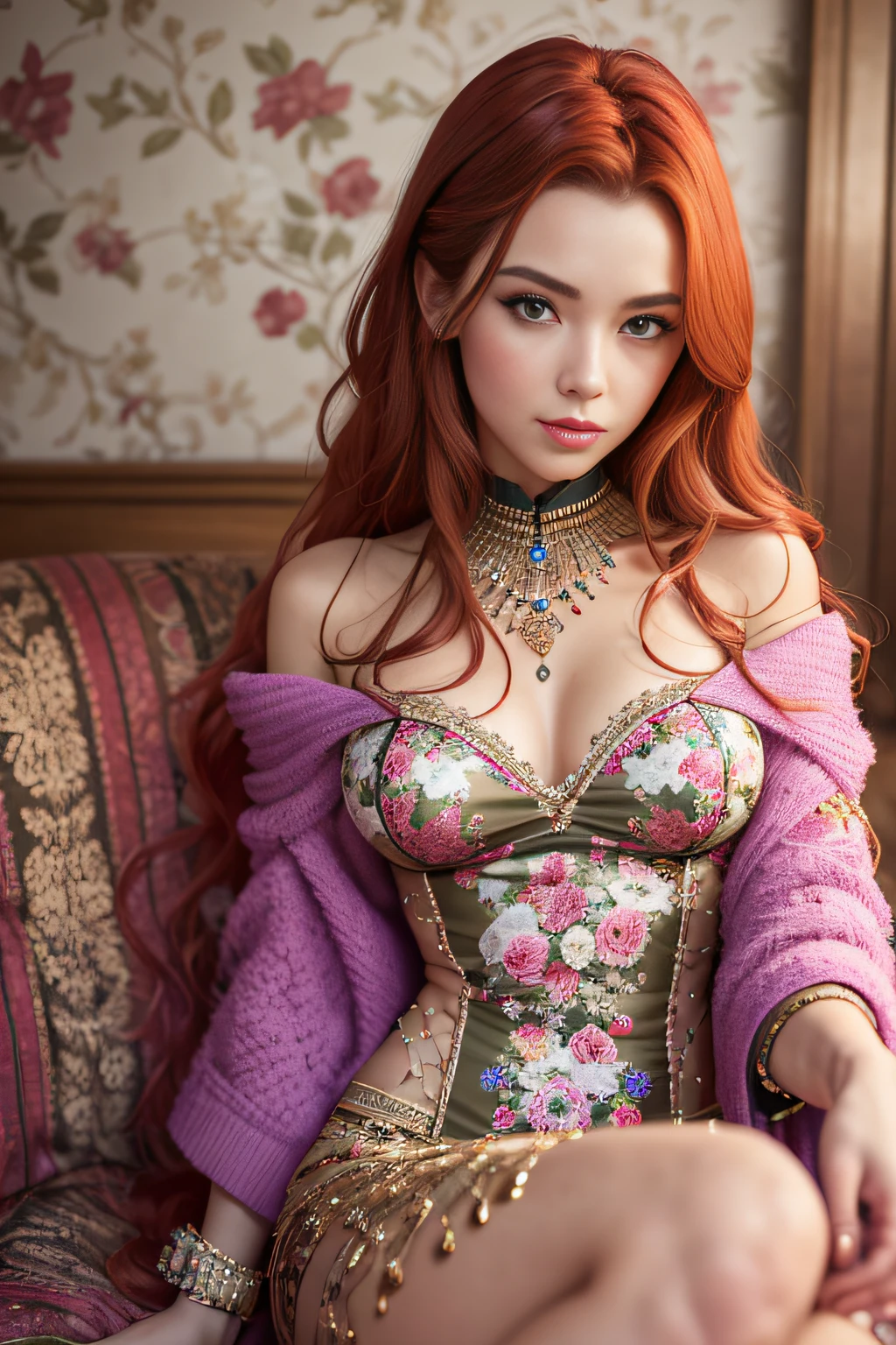 (full body shot:1) photorealistic image of a (laying pose:1) ultrarealistic, photography, long red hair, woman, 24 years old, hourglass figure, perfect body, Flirty look, natural medium breasts, blur background, wearing a pink E-girl outfit, wearing pink thigh socks, sitting on the bed, legs are spread, waiting for you, sexy pose, she wears a collar that says "Daddy"