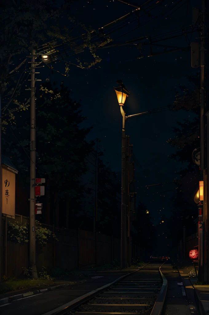 (Masterpiece, best quality: 1.4), night ligthning, dark, japanese crossing sign, railroad crossing, japanese streets, trees, greens, ((night scene: 1.5)), (night light: 1.lants, narrow road, ((street lamp: 1.2))