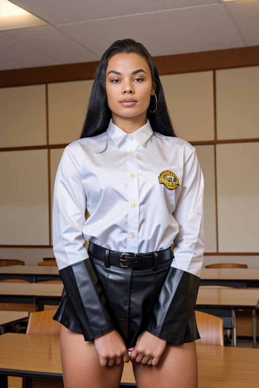 Viewed from above, 2giris, 2 girls of difference racial dna a heavily muscled iffb pro bodybuilder 6"9' giant liz cambage towering over 12 year oldgot robbie, embracing each other. wearing skin-tight figure-hugging latex Japanese school uniform