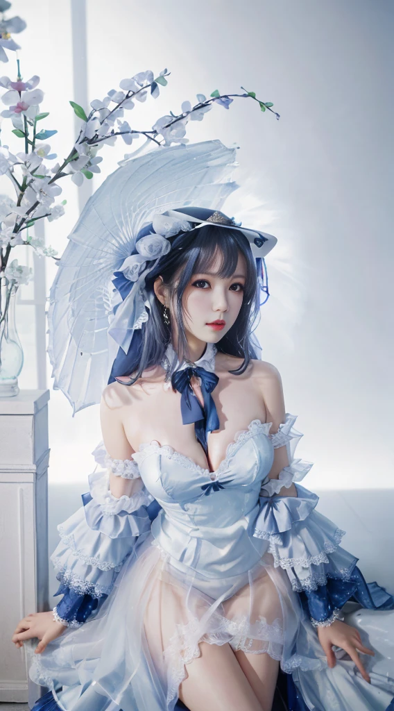 ((Best quality at best)),absurd res,(超高分辨率),(realisticlying:1.6), octaneratingrendering,(Hyper-realistic:1.2), (photorealiscic face:1.2), Pretty Women, White and blue dress, No shoulder strap, white headgear, Off-the-shoulder dress, Colorful hair, a blue tie, blackfootwear, Full body photo, naghty face, Perfect female body, (actual:1.7), (8K), (tmasterpiece), (realistic skin textures), (gentlesoftlighting),(pretty eyes:1),