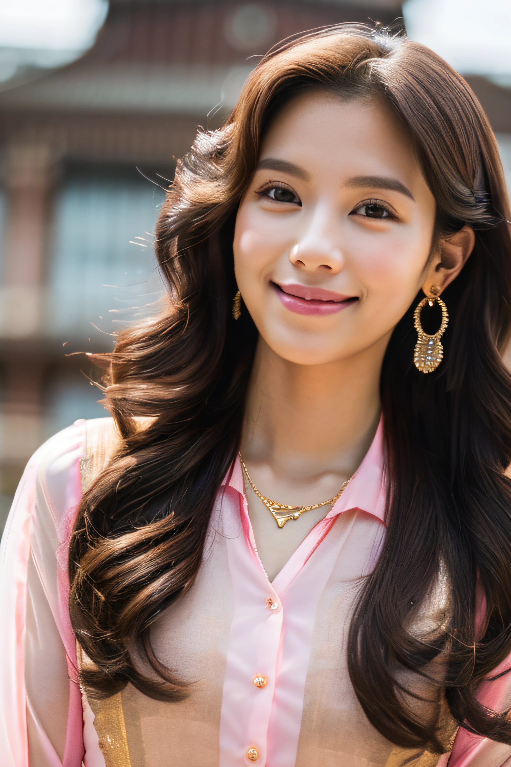 ((beautiful a girl:1.3))((Pink blouse＿long-sleeve＿Big Gold Necklace_see-through sleeves:1.4)),((pink miniskirt＿Big Gold Earrings:1.2)) ((On the roof of a building:1.3)) ((Thin_fabric:1.4)) ((Looking into the distance:1.3)) ((Her face is flushed:1.2)) ((Medium milk:1.2)) ((close-up:1.2)) Best Quality,masutepiece,超A high resolution,(Photorealistic:1.4),Raw photo,(Authentic skin texture:1.3),(Film grain:1.3),the panorama,Character Portrait,Very Wide Shot,Narrow waist,Cowboy Shot,(In the Dark, deepshadow, lowkey, cold light,) Night,((loose wavy hair:1.2)),((brown super long hair:1.2))Streaming Tears,,Dust,Tindall Effect,(expression),1girl in,beautiful detailed eyes and face,White Jabot,Super long hair with brown eyebrows:1.2)) ((Smile:1.3))