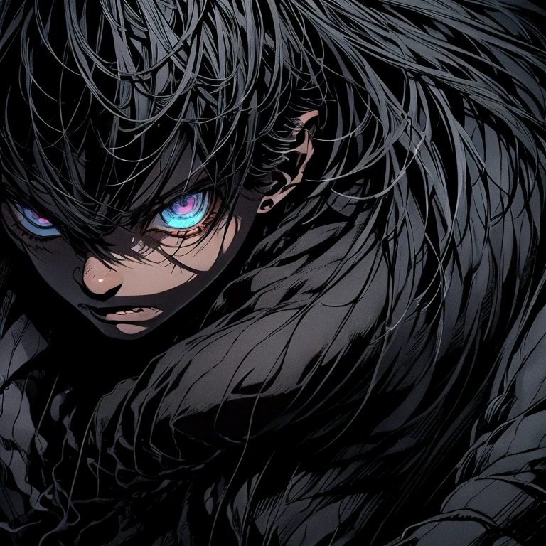 a dark skinned boy, with clear eyes, aged six years, short kid, white hair, strong gaze, amidst the forest, vagabond art style, kentaro miura art style, berserk style, wide angle, basic fighting stance, pose, black robe dramatic, action pose, dynamic pose, fighting with wolf like monster, high angle
