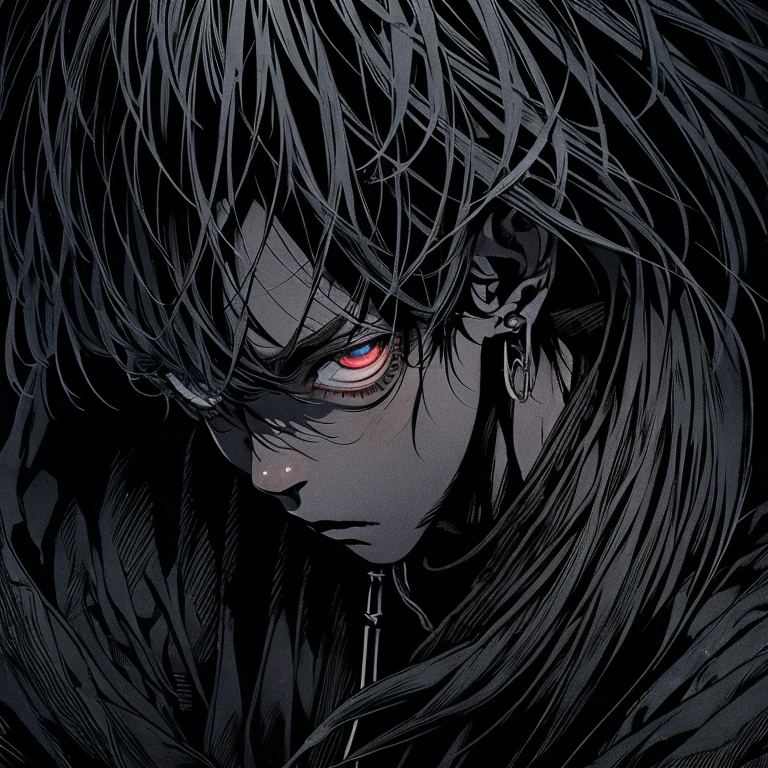 a dark skinned boy, with clear eyes, aged six , short kid, white hair, strong gaze, amidst the forest, vagabond art style, kentaro miura art style, berserk style, wide angle, basic fighting stance, pose, black robe dramatic, action pose, dynamic pose, fighting with wolf like monster, high angle