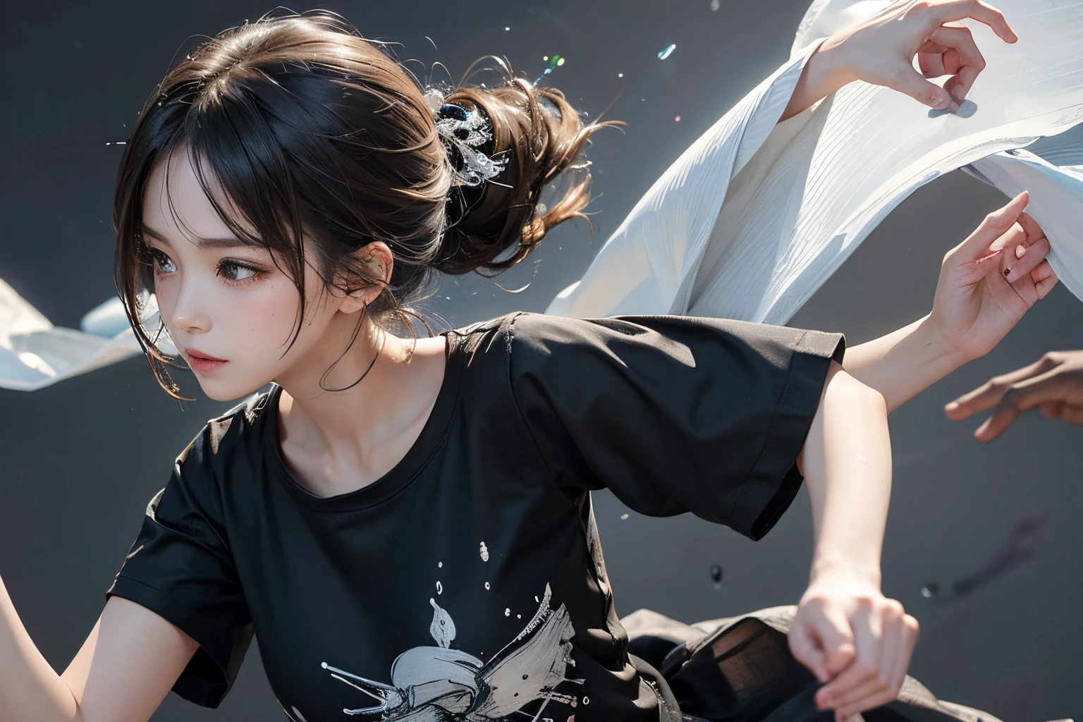 water paint art, ink drop, many color ink drop, high detailed line art, dancing kids, black plain t shirt, amazingly fine detail, highest quality, official art, big file size, high detailed, masterpiece,