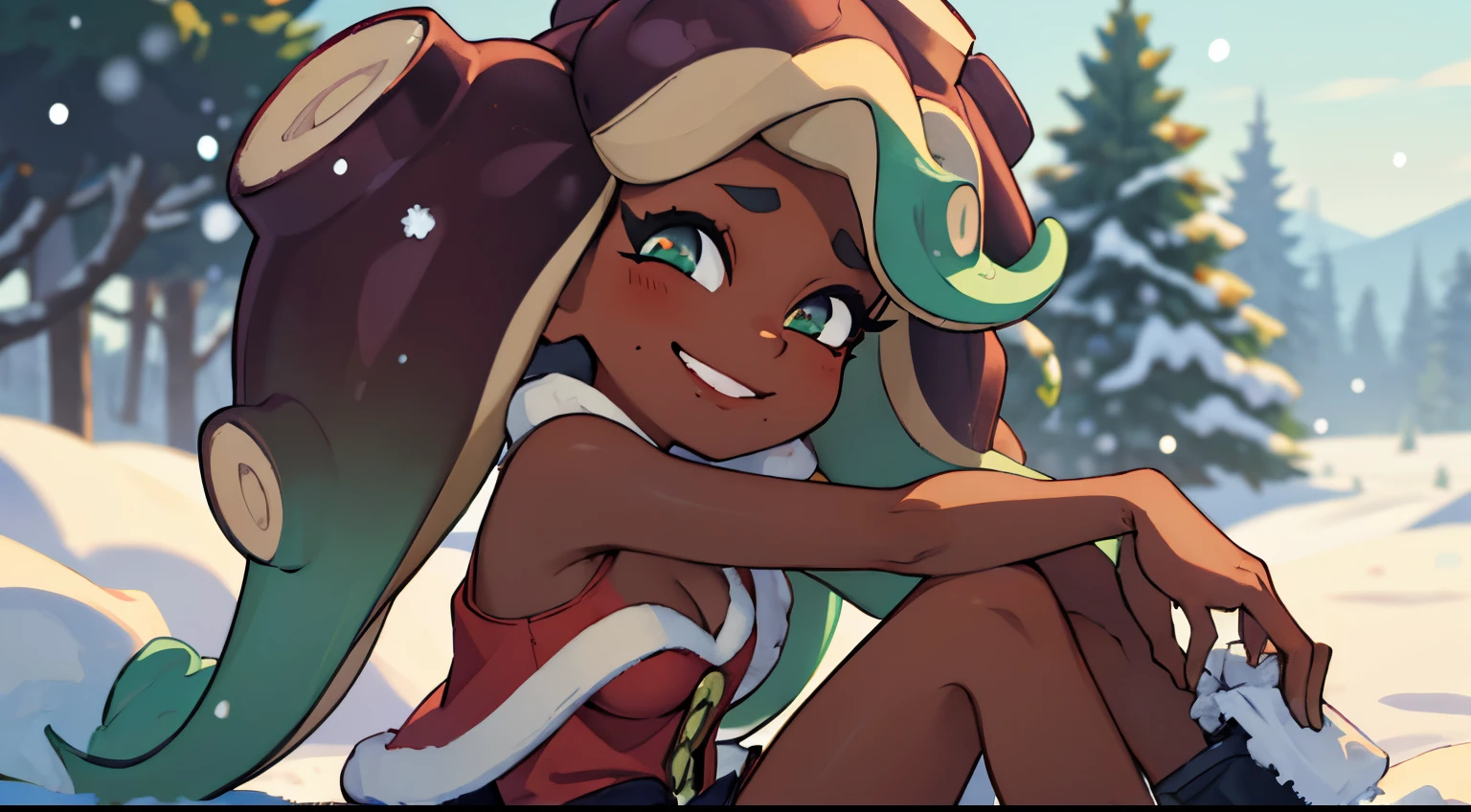 (masterpiece, best quality:1.2), cowboy shot, solo, 1girl, marina, dark skin, dark-skinned female, smile, looking at viewer, tentacle hair, dressed as Santa Claus, mini skirt, cleavage, side view, sitting in snow