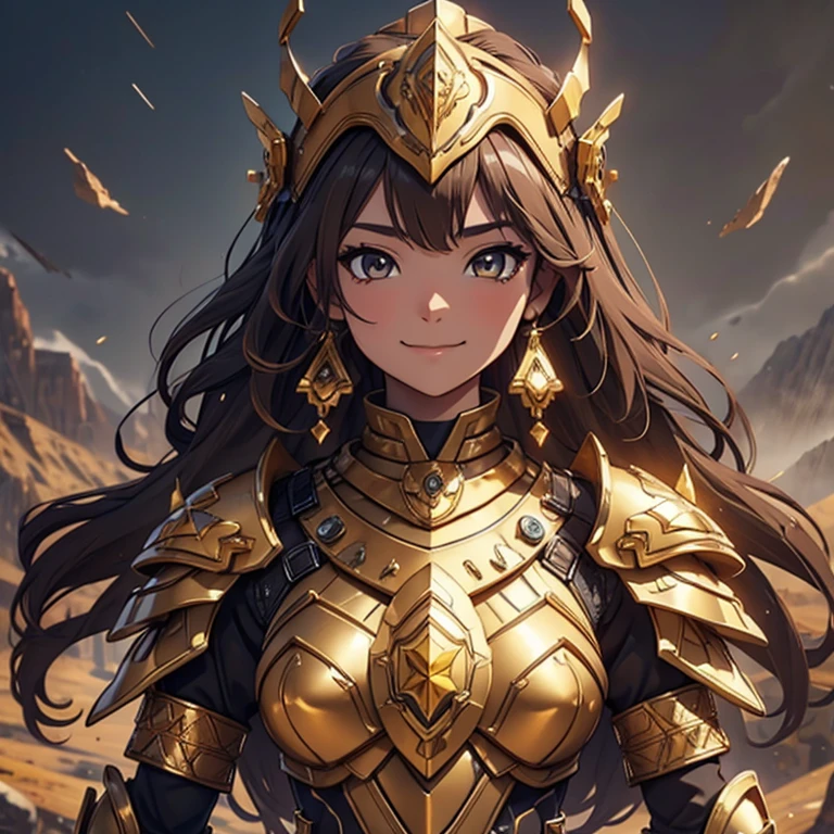 Master piece, 8k, ultra detailed, dark brown armor, yellow topaz encrusted, girl, chocolate color hair, smiley face, browny grey eyes, montain background