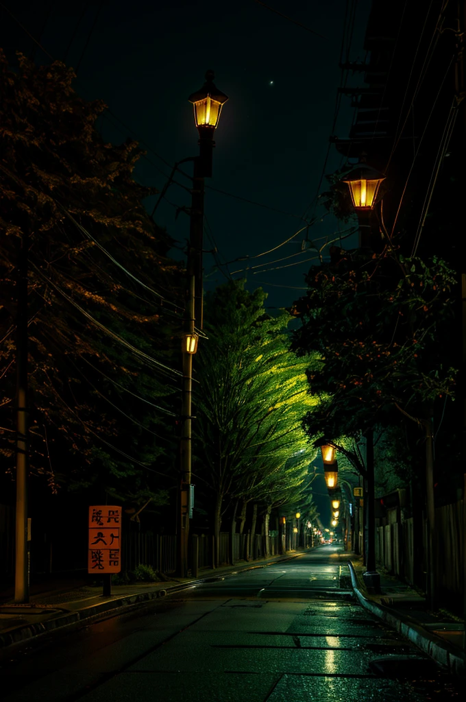 (Masterpiece, best quality: 1.4), night ligthning, dark, japanese crossing sign, railroad crossing, japanese streets, trees, greens, ((night scene: 1.5)), (night light: 1.lants, narrow road, ((street lamp: 1.2))