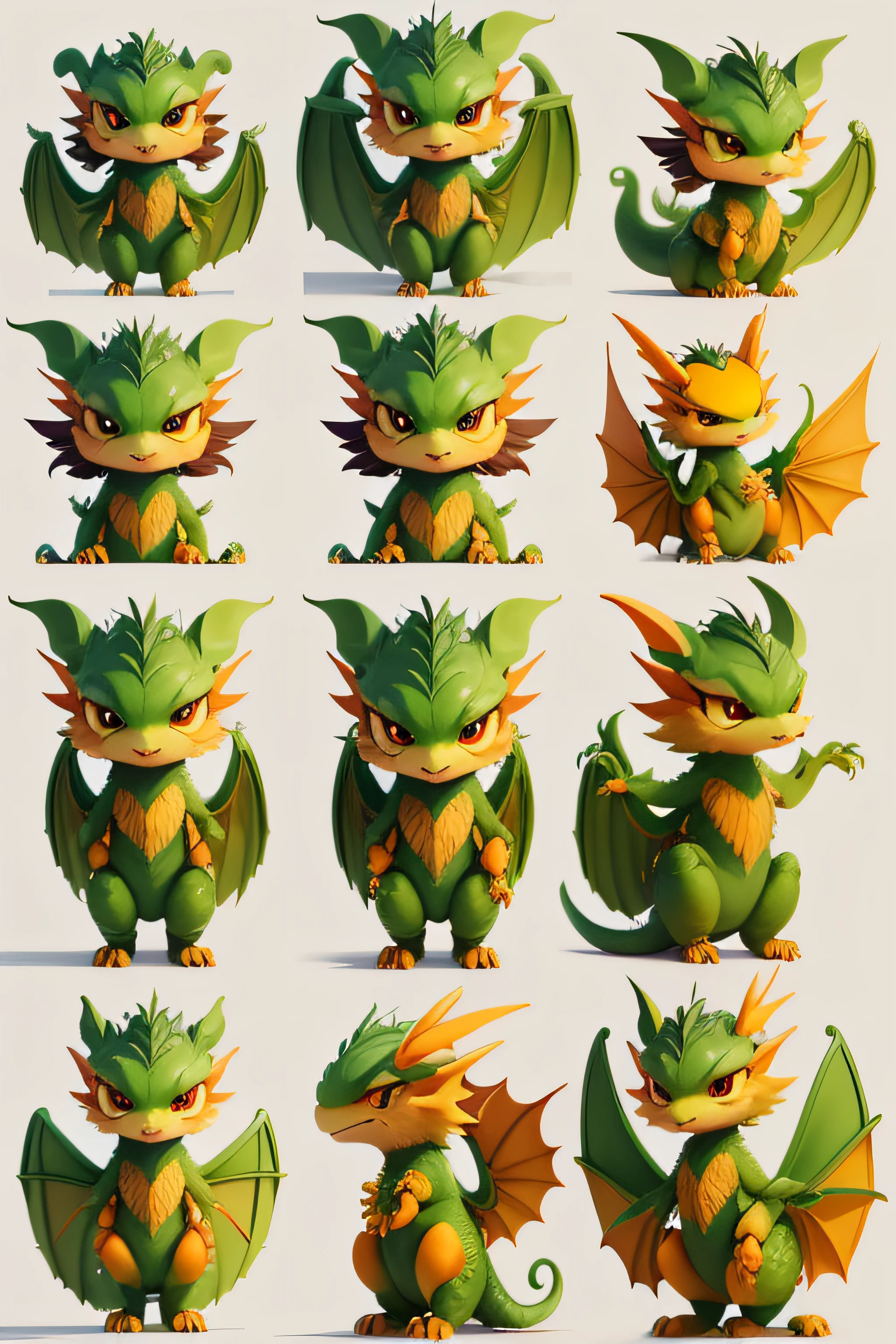 Create a small green dragon figurine, orange wings, Lebendige Augen, freundlich, magisch, Show the character in different poses and expressions, Charakterbogen