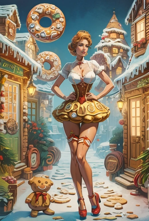 Vintage retro art printing of a donut with sexy legs, as scenery a cozy gingerbread village, in the art style of gil elvgren, award winning, masterpiece, dramatic lighting,