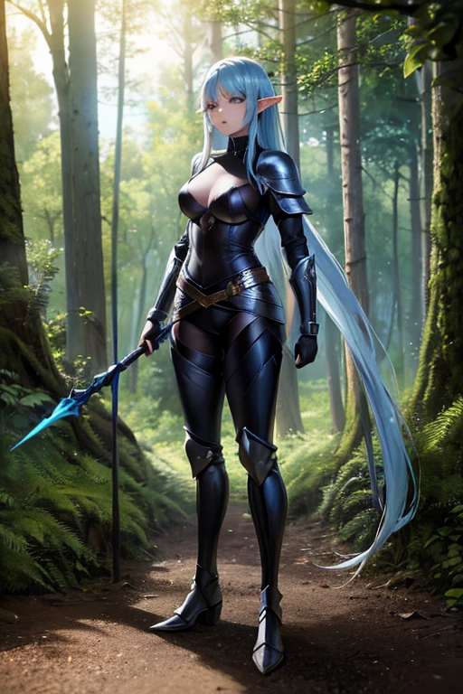 elf female with long straight blue hair and big brown eyes, wearing full body black leather armor, armed with a spear, backgroud in the forest near a lake