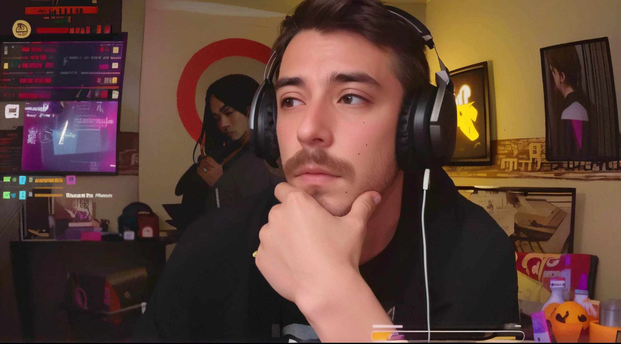 Streamer pondering with his hand on his chin, wearing headphones, tired eyes, darker anime style, look and pose should remain the same.