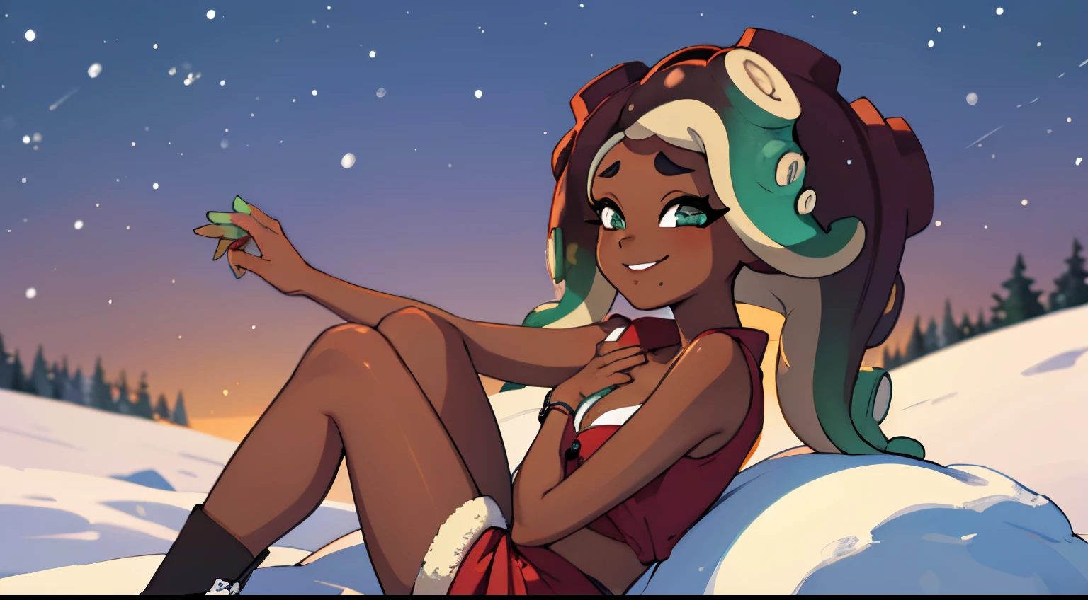 (masterpiece, best quality:1.2), solo, 1girl, marina, dark skin, dark-skinned female, smile, looking at viewer, tentacle hair, dressed as Santa Claus, mini skirt, cleavage, side view, sitting in snow