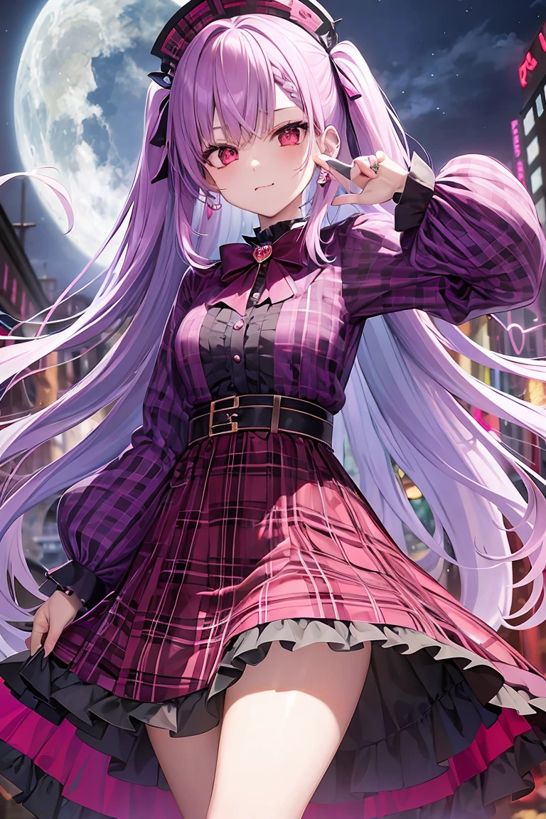 vampire，fang，Plaid dresow，ta stylish，Lolityle，Anime girl role play，cuddly， Angelic beauty， Purple lattice， y 2 k ，Y2K，Emo style，non-mainstream，Red checkered，Mines are girls，Harajuku style，Exaggerated dressing，Intricate ornaments，Rock style，Gothic style，rivet，earings，two tone hair，Pink and blue hair，Purple plaid skirt，Half-cut gloves，Leg rings，Suspenderetal jewelry，skeleton，Love