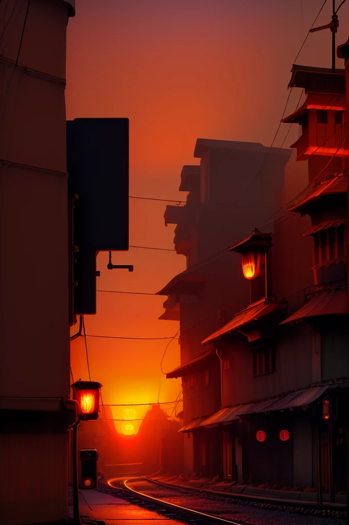 (Masterpiece, best quality: 1.4), dusk ligthning, sunset, japanese crossing sign, railroad crossing, japanese streets, trees, greens, ((sunset scene: 1.5)), (evening light: 1.lanterns, narrow road, ((street lamp: 1.5))