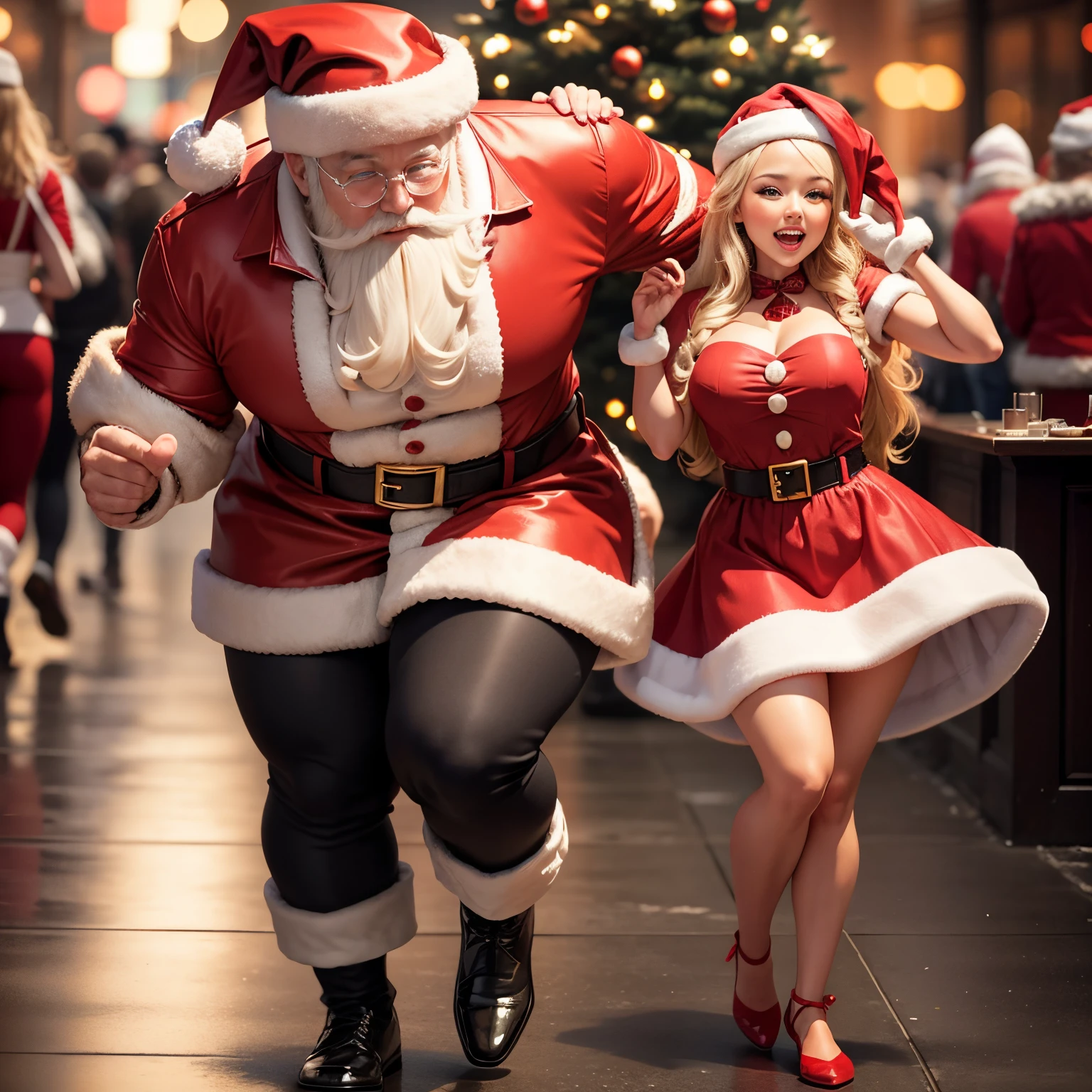 When he's not on duty, Santa is busy going on dates! Santa and woman dancing, full body shot,