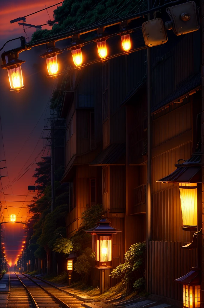 (Masterpiece, best quality: 1.4), sunset moment, dimmed ligthning, sunset, japanese crossing sign, railroad crossing, japanese streets, big trees, greens, ((sunset scene: 1.5)), (evening light: 1.lanterns, narrow road, ((street lamp: 1.5))